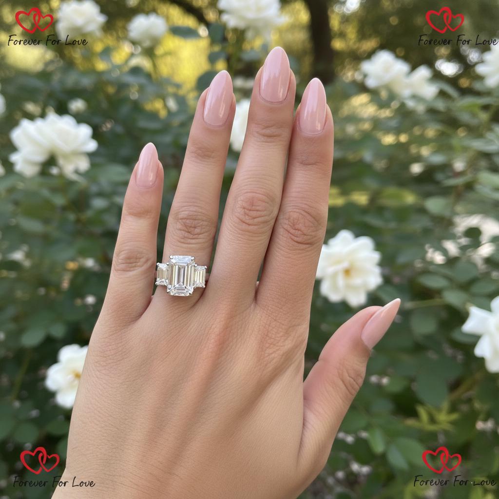 Verlobungsring mit 6 Karat IGI-zertifiziertem Smaragd-Labor-Diamanten und drei Steinen Emerald cut Moissanite engagement ring in Gold or Platinum — custom handcrafted by Forever For Love