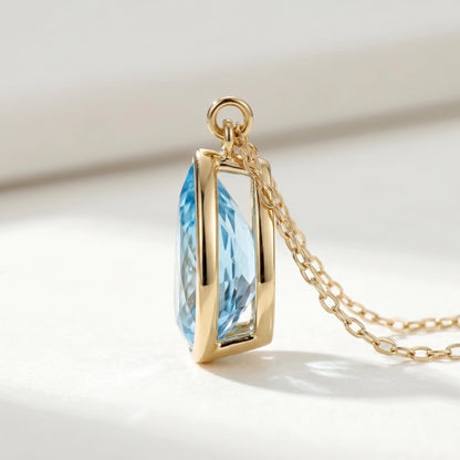 1 Karat Birnen-Aquamarin-Halskette, 14 Karat Massivgold, zarter minimalistischer Anhänger, Birnenhalskette für Damen, besonderes Geschenk für sie.