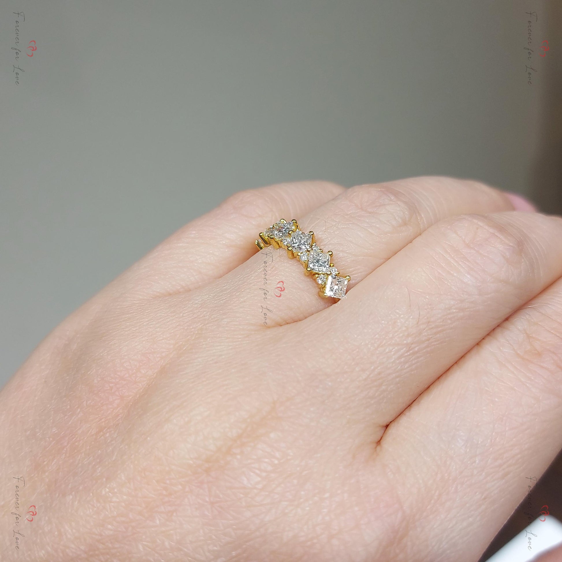 Princess Cut Diamond Half Eternity Ring 3mm 18k 14k natural Wedding Band Pave Setting. Yellow Rose White Gold Platinum certified.