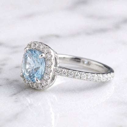 1.25 Ct Round Diamond, Aquamarine Halo Engagement Ring