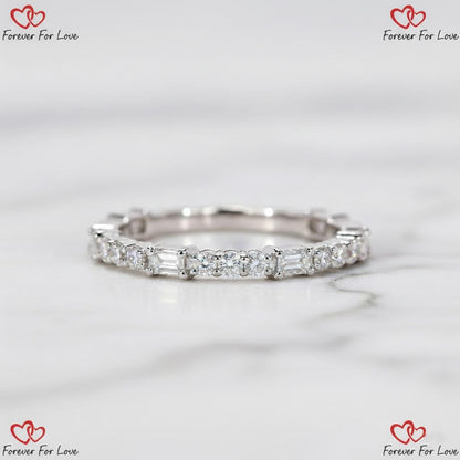 Emerald and Round Lab Grown Diamond Wedding Band, 3/4 Eternity Band for Engagement Ring, Anniversary Ring, Matching/Stackable Band for Women