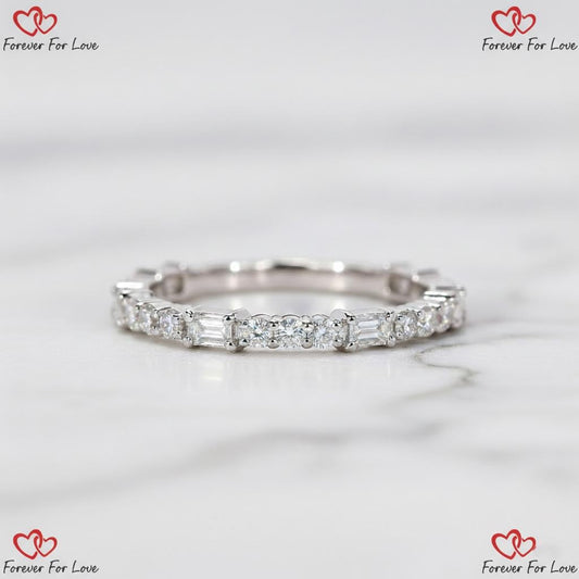 Emerald and Round Lab Grown Diamond Wedding Band, 3/4 Eternity Band for Engagement Ring, Anniversary Ring, Matching/Stackable Band for Women