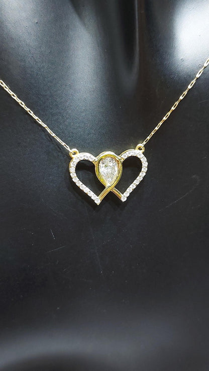 Collier double cœur en diamant, or blanc 14 carats, pendentif cœur délicat et minimaliste, collier pour femme en diamant véritable, cadeau de Saint-Valentin pour elle.