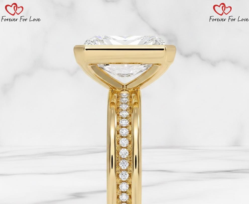 Bague de fiançailles en diamant de laboratoire radiant de 5,5 carats Radiant cut 1Ct Moissanite taille brillant engagement ring in Gold or Platinum — custom handcrafted by Forever For Love