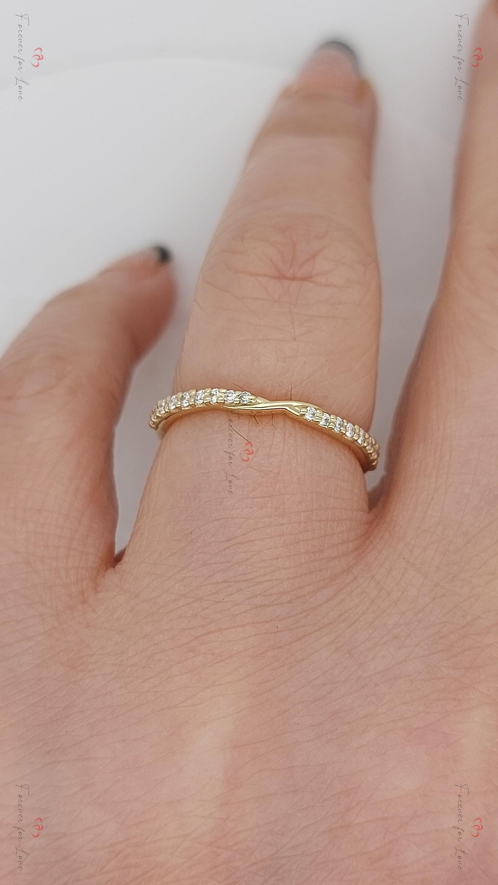 Eternal Solid Gold Twist band with a curve and pave diamond lovers knot matching wedding band, gift for her