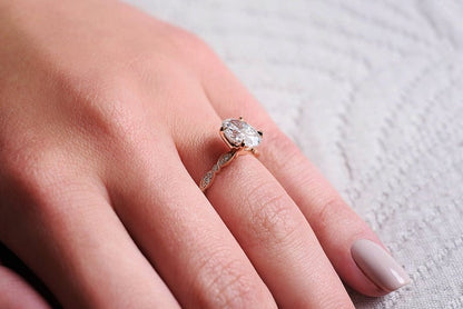 1Ct Vinatge Moissanite Oval Engagement Ring, 7*5mm Moissanite and Diamond Solitaire Art Deco Ring, Rose Gold Moissanite Ring