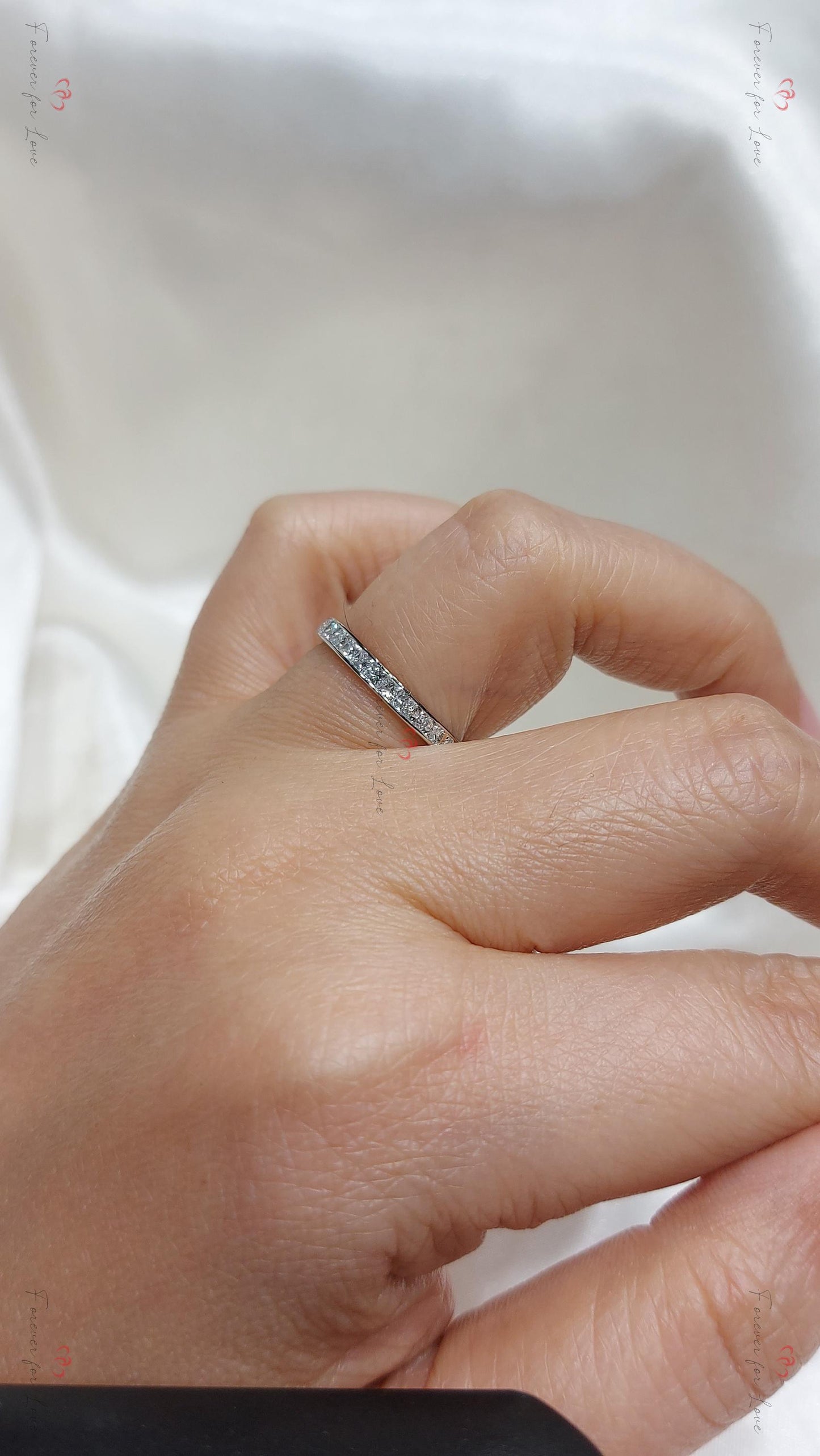 Princess Cut Diamond Half Eternity Ring 1.8mm 18k 14k natural Wedding Band Channel Setting. Yellow Rose White Gold Platinum certified. Princess cut Moissanite Brilliant Cut engagement ring in 935 Argentium Silver — custom handcrafted by Forever For Love
