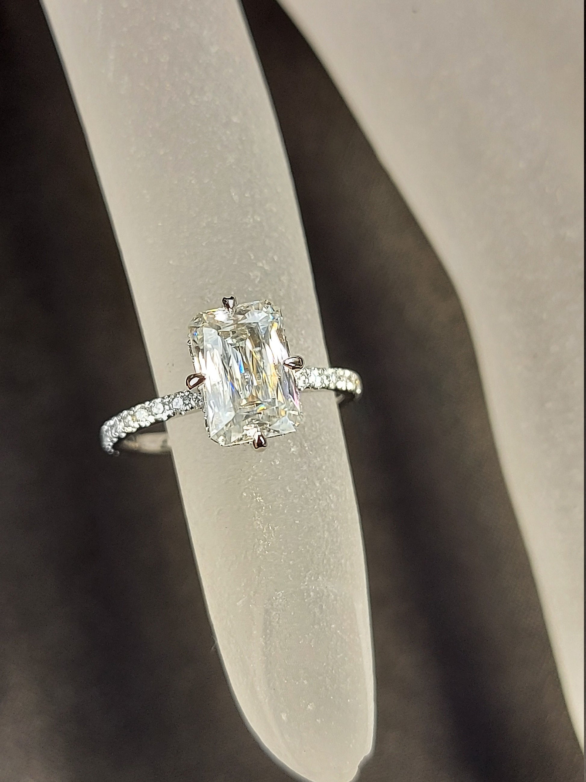 1.5CT/8*5.5mm Emerald Cut Crisscut Engagement Ring White 14k/18k/Platinum, Moissanite Emerald Engagement Ring, Emerald Cut Solitaire Ring.