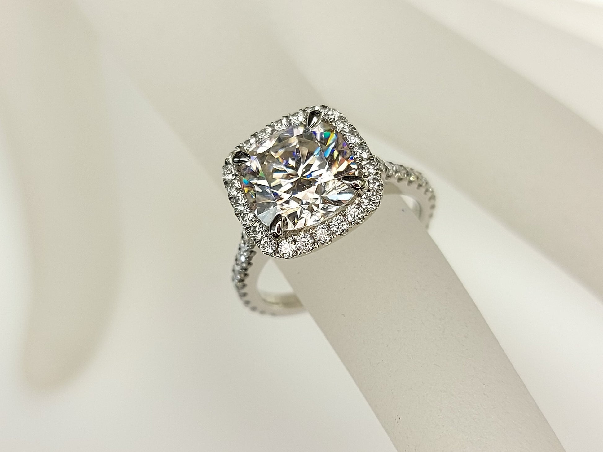3 Carat Cushion cut Halo Moissanite Engagement Ring 14k White Gold, Genuine UK Hallmark Wedding Ring Diamond Halo