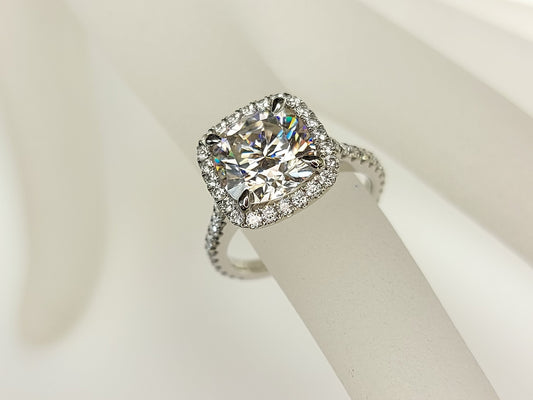 3 Carat Cushion cut Halo Moissanite Engagement Ring 14k White Gold, Genuine UK Hallmark Wedding Ring Diamond Halo