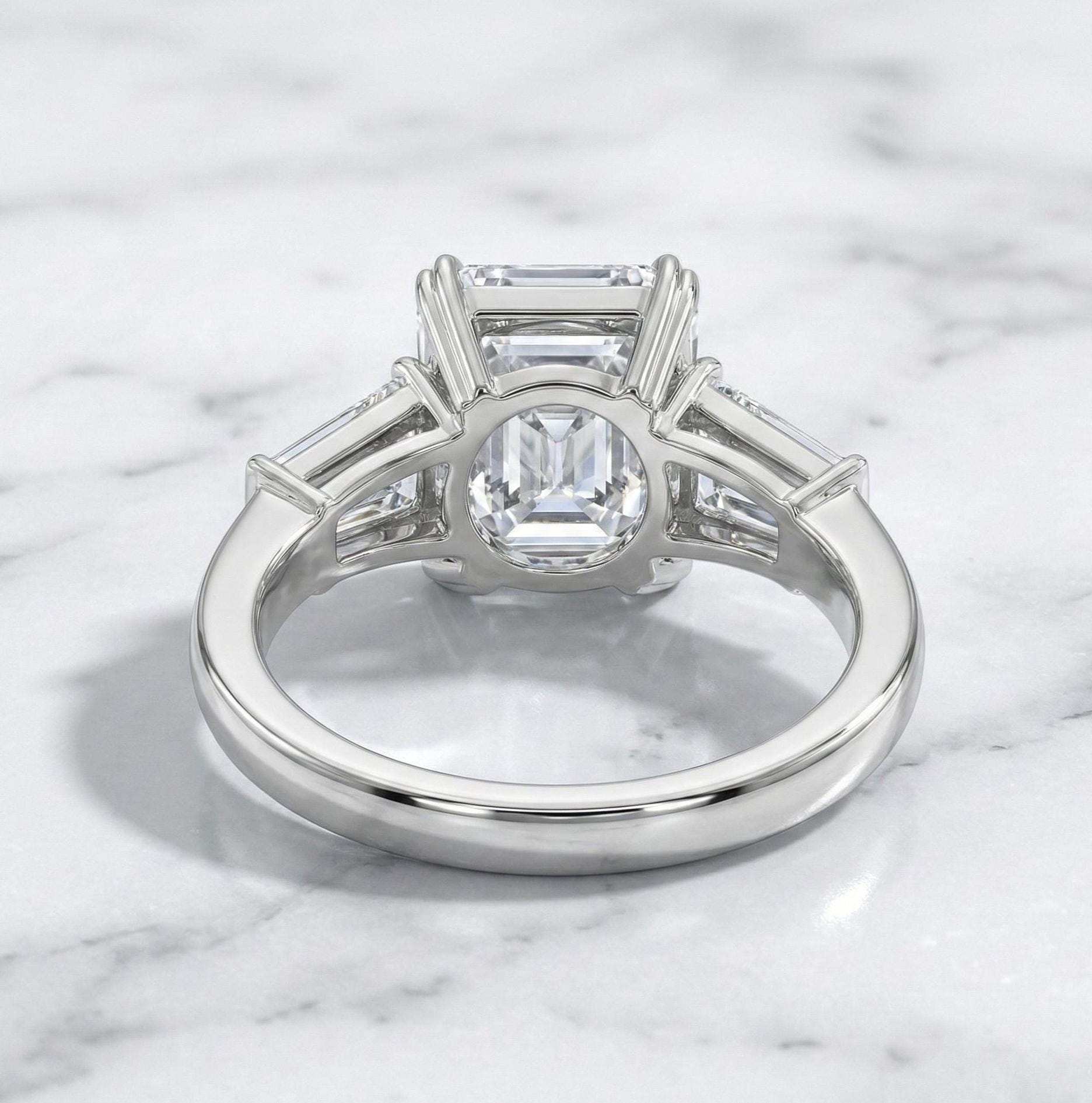 3.5 carat D color VVS2 Clarity IGI CERTIFIED Asscher Cut Three Stone Lab Grown Diamond Engagement Ring, Side Baguettes 14k White Gold