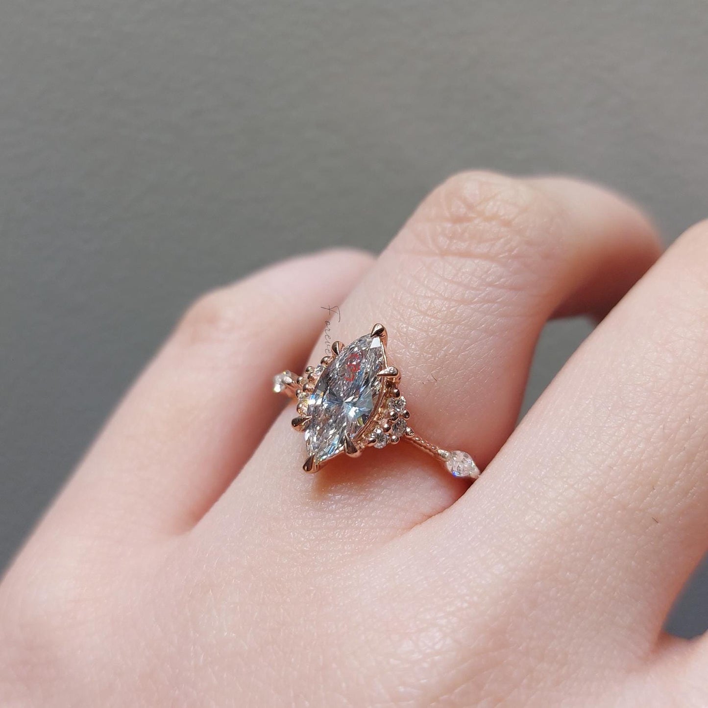 2 Ct Marquise Lab Diamond Vintage Ring with Pear Accent Marquise cut 1Ct Moissanite Brilliant Cut engagement ring in 935 Argentium Silver — custom handcrafted by Forever For Love