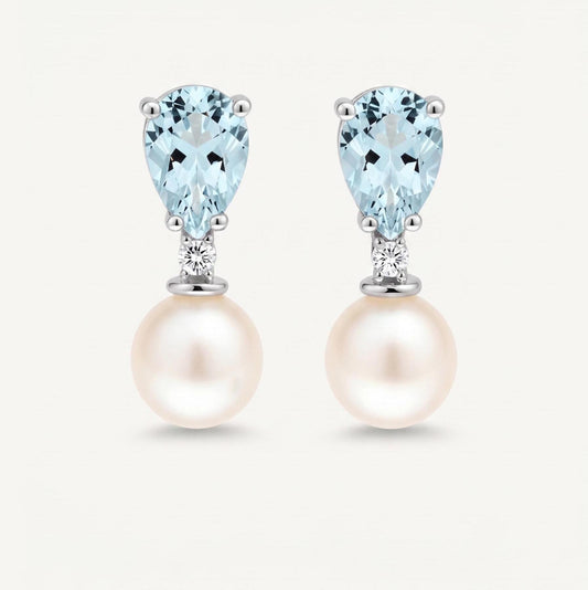 14k Gold Pear cut Aquamarine and Pearl Earrings , Round Lab Diamond , Aquamarine Pear earrings, Solid Gold Earrings, Perfect Gift