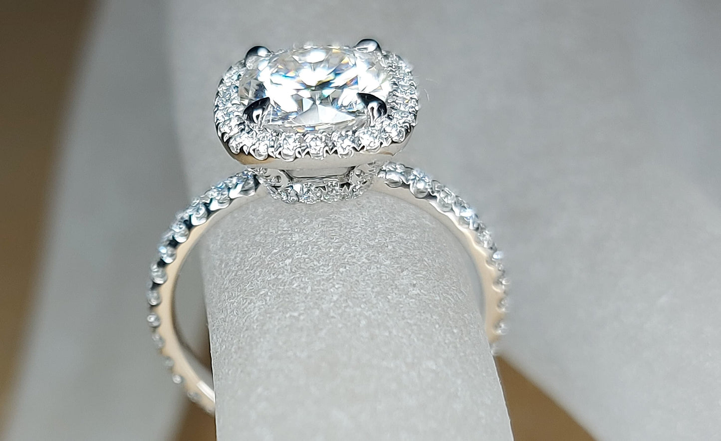 2 Ct Cushion Moissanite Halo Eternity Ring Cushion cut 1Ct Moissanite Brilliant Cut engagement ring in 935 Argentium Silver — custom handcrafted by Forever For Love