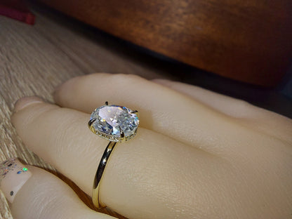 2Ct Crushed ice Oval 9*7mm Moissanite Solitaire Engagement Ring in 14K White Gold ring, diamond hidden halo ring,.