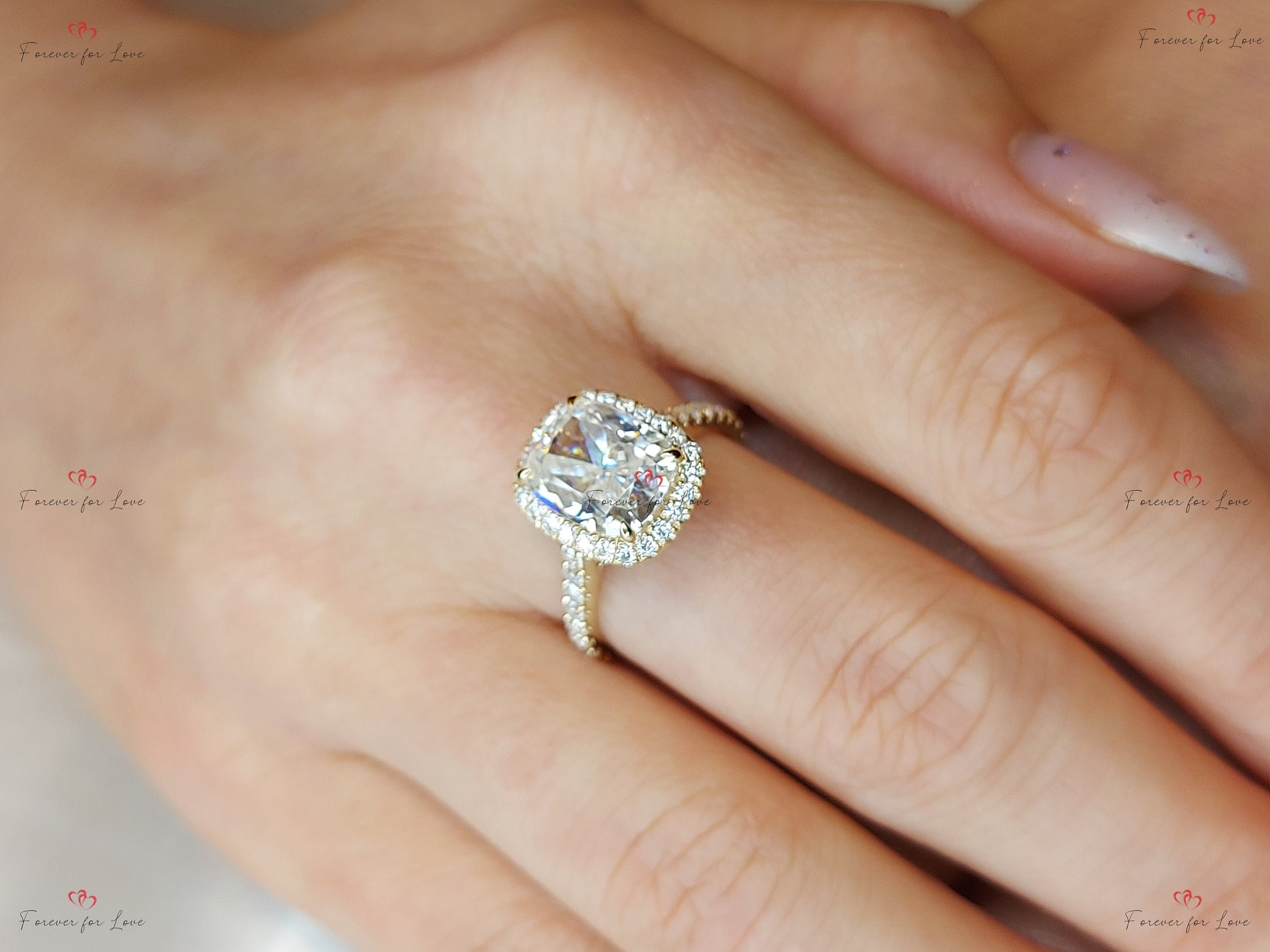 Cushion Diamond, Moissanite Hidden Halo Engagement Ring