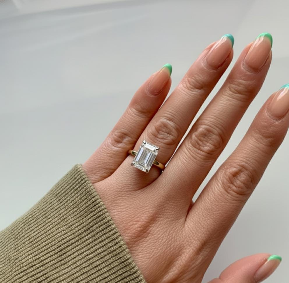 5 Ct Emerald Diamond, Moissanite, Emerald Solitaire Engagement Ring