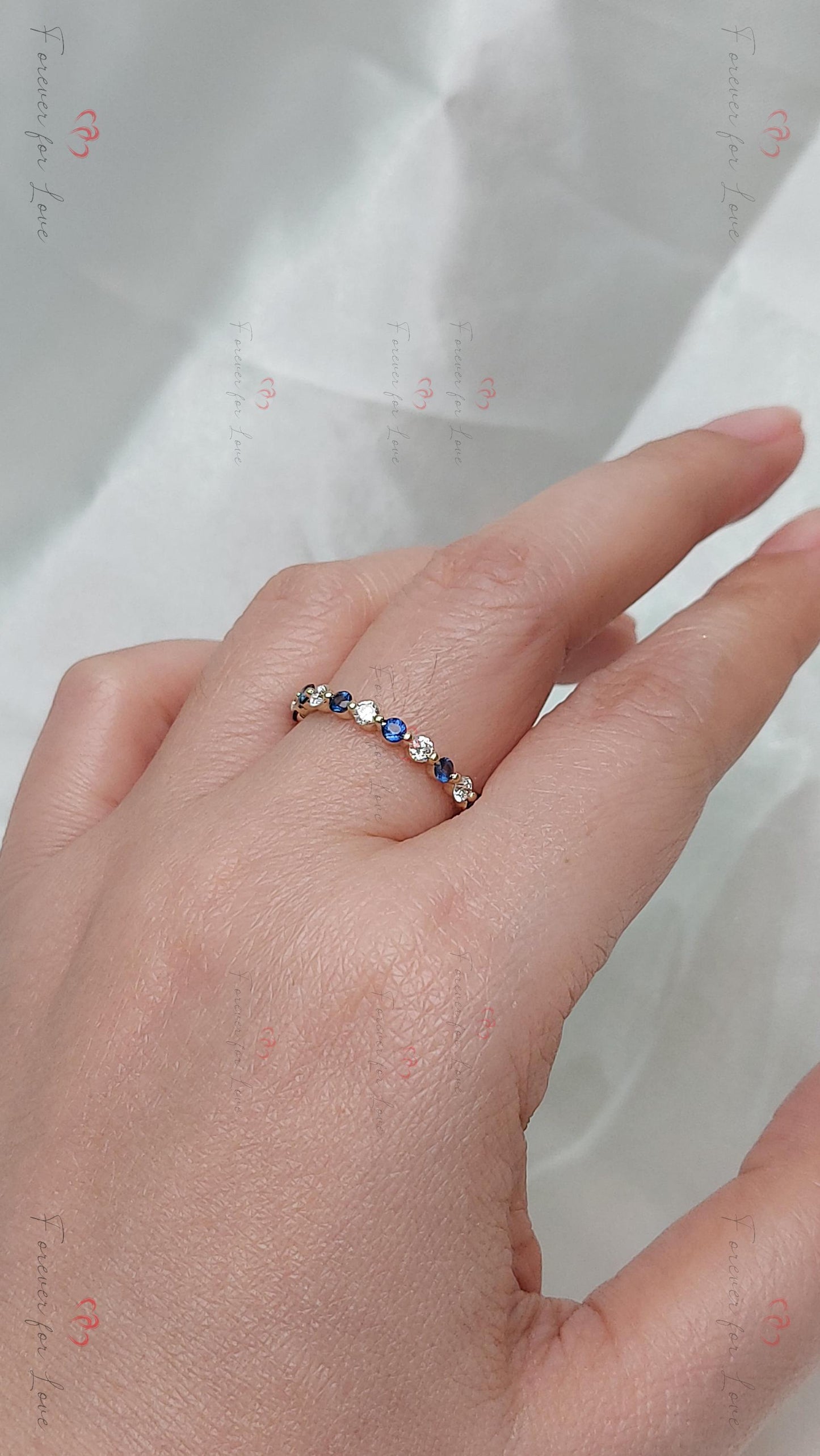 Round Diamond & Sapphire Eternity Band Round cut Natural Sapphire engagement ring in 935 Argentium Silver — custom handcrafted by Forever For Love