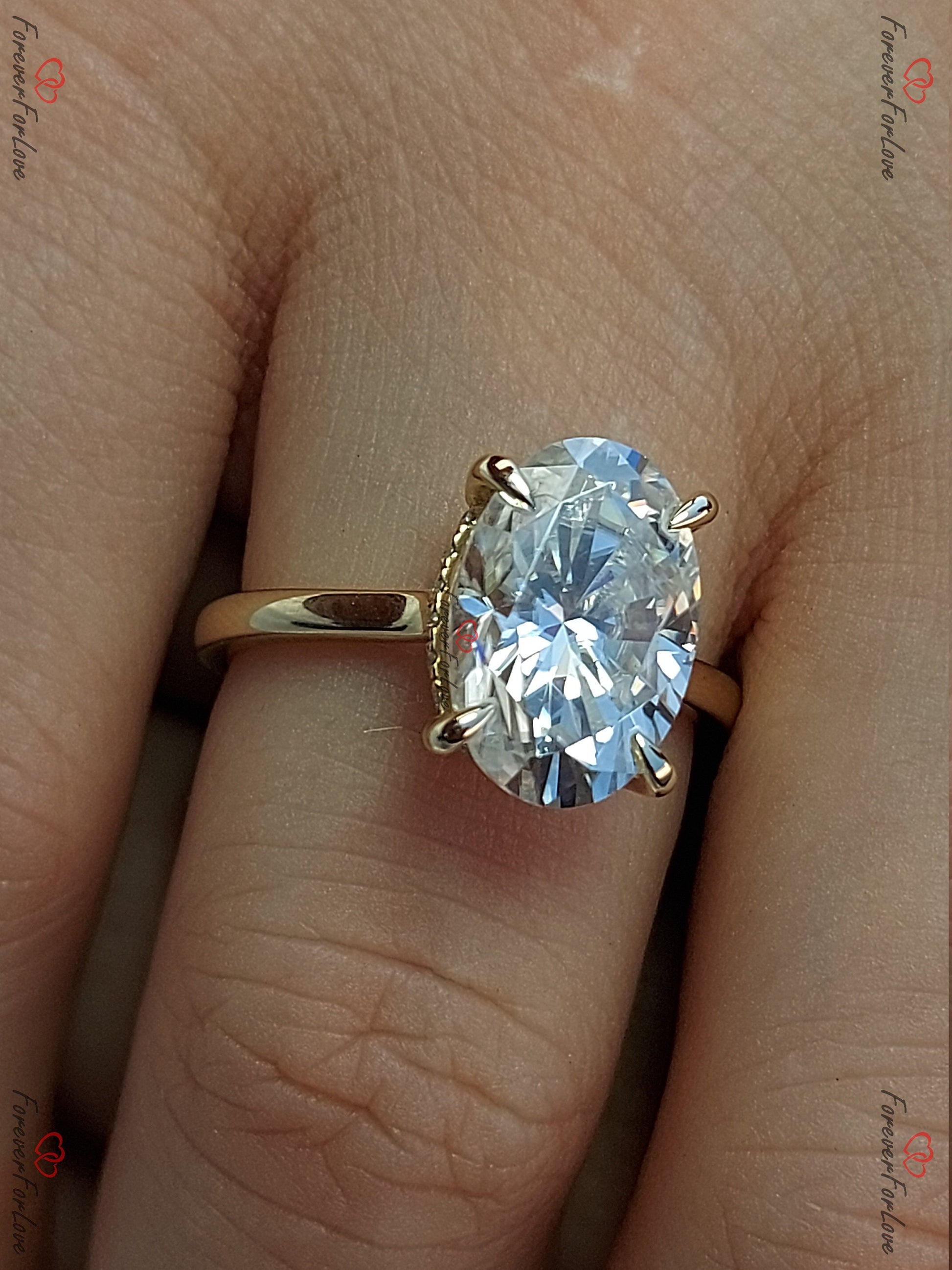 4 Ct Oval Diamond, Moissanite Hidden Halo Engagement Ring
