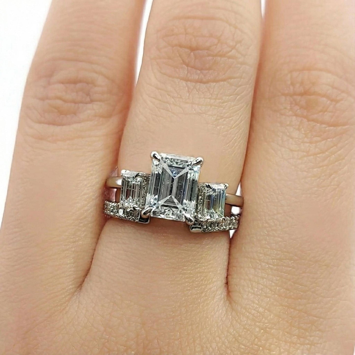 Emerald Cut Lab Diamond Stackable Band Emerald cut Moissanite Brilliant Cut engagement ring in 935 Argentium Silver — custom handcrafted by Forever For Love