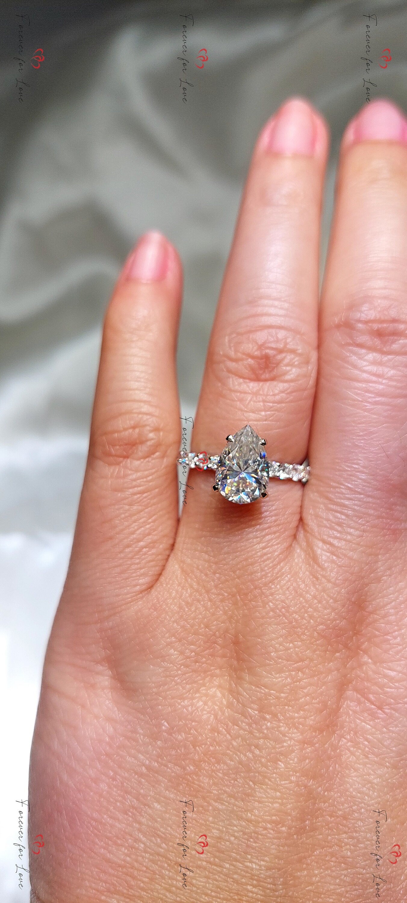 2 Ct Pear Moissanite Pavé Eternity Engagement Ring Pear cut 1Ct Moissanite Brilliant Cut engagement ring in 935 Argentium Silver — custom handcrafted by Forever For Love