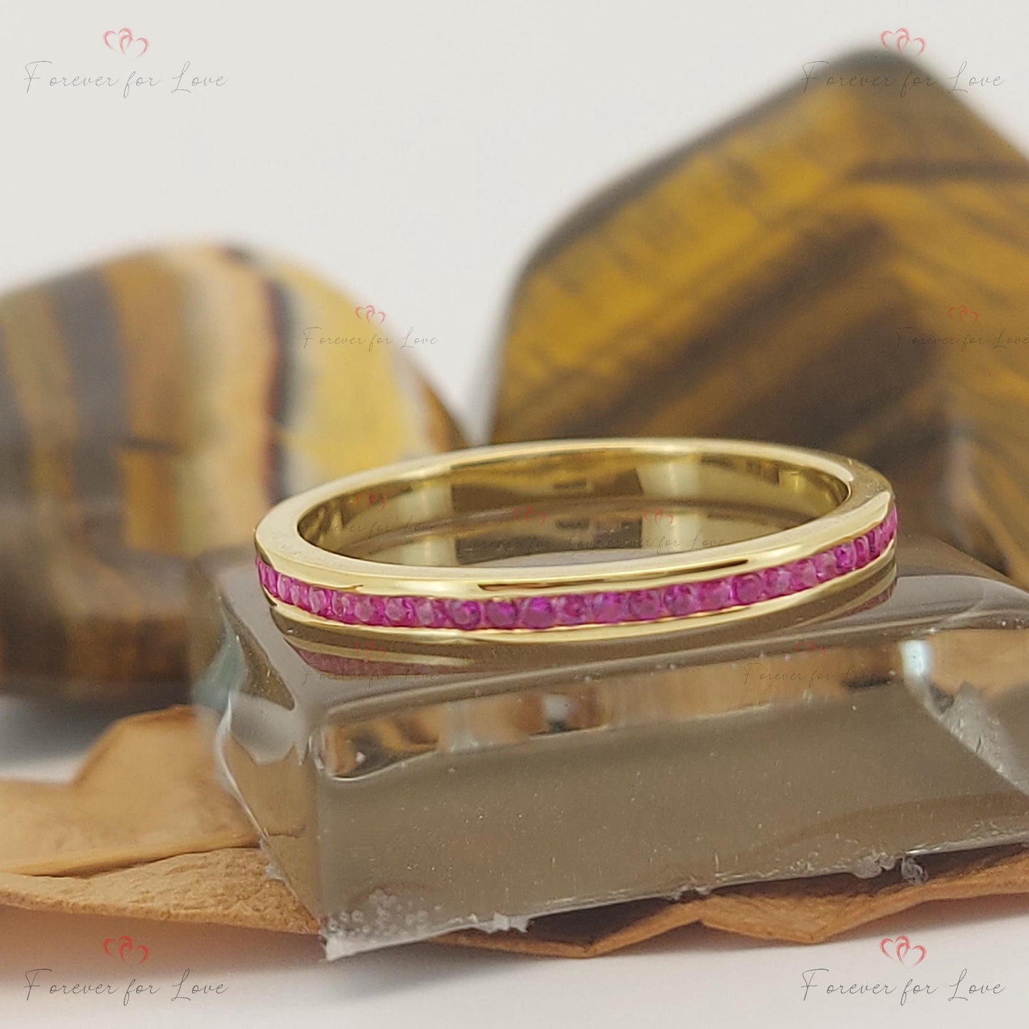 Pink Sapphire Full Eternity Wedding Band Round cut Natural Sapphire engagement ring in 935 Argentium Silver — custom handcrafted by Forever For Love
