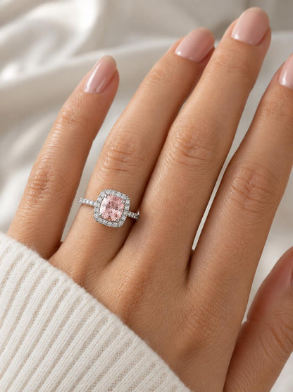 1.25 ct Pink Morganite Engagement Ring 14K White Gold Diamond Women Wedding Halo Bridal Art Deco Anniversary Gift for her.