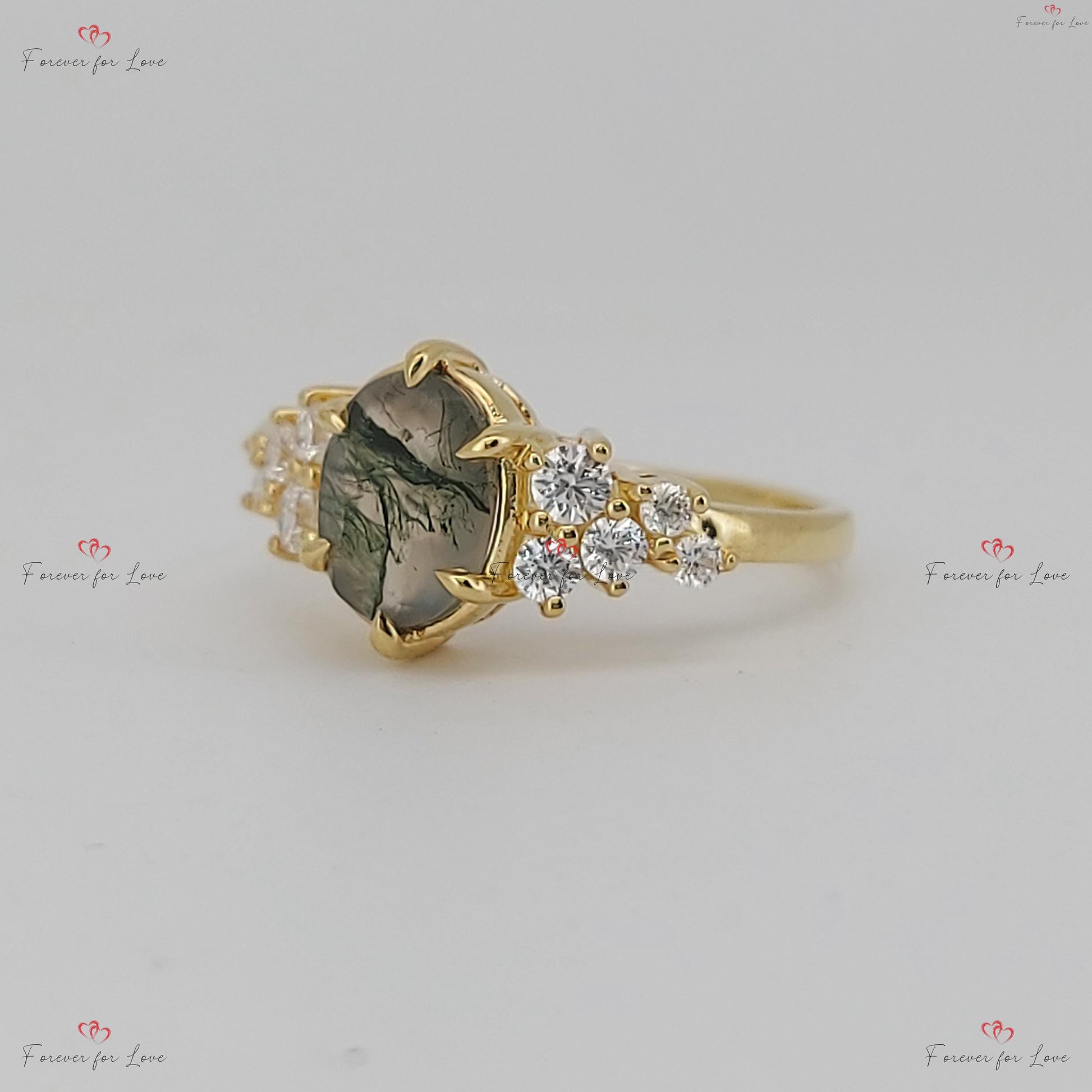 Oval Diamond, Moss Agate Engagement Ring