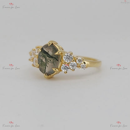 Oval Diamond, Moss Agate Engagement Ring