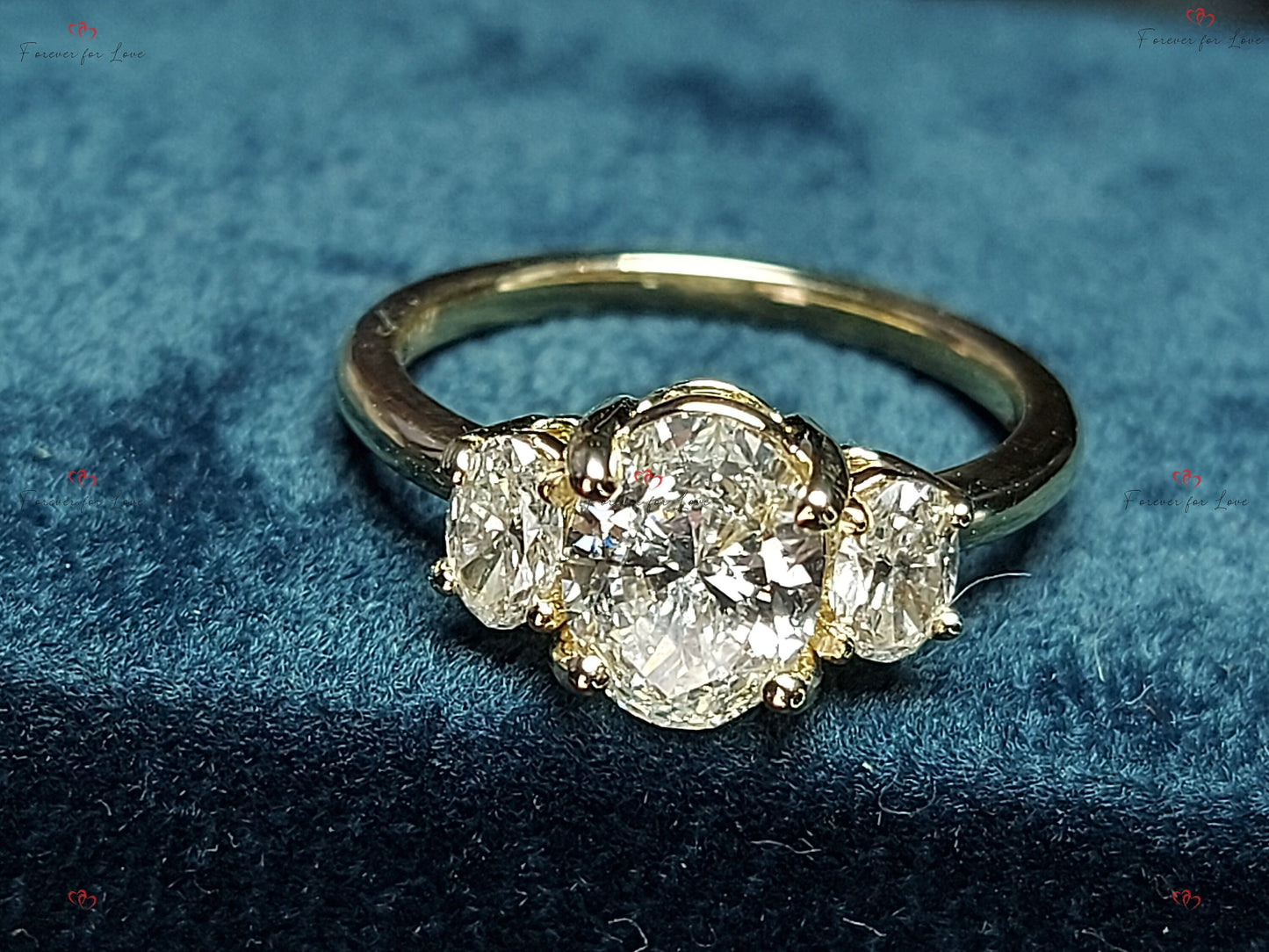 Bague trois pierres ovales en diamant de laboratoire Oval cut Moissanite engagement ring in Gold or Platinum — custom handcrafted by Forever For Love