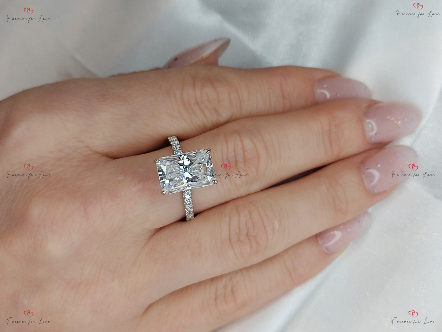 5 Ct Radiant Moissanite Solitaire Engagement Ring Radiant cut 1Ct Moissanite Brilliant Cut engagement ring in 935 Argentium Silver — custom handcrafted by Forever For Love
