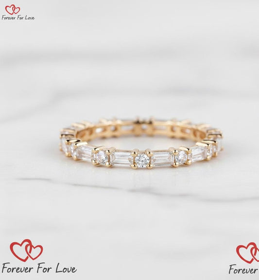 Baguette and Round Diamond Alternating Band, Minimalist Full Eternity Band, Diamond Wedding Band, Stackable Band, Promise Ring, Gift for Her