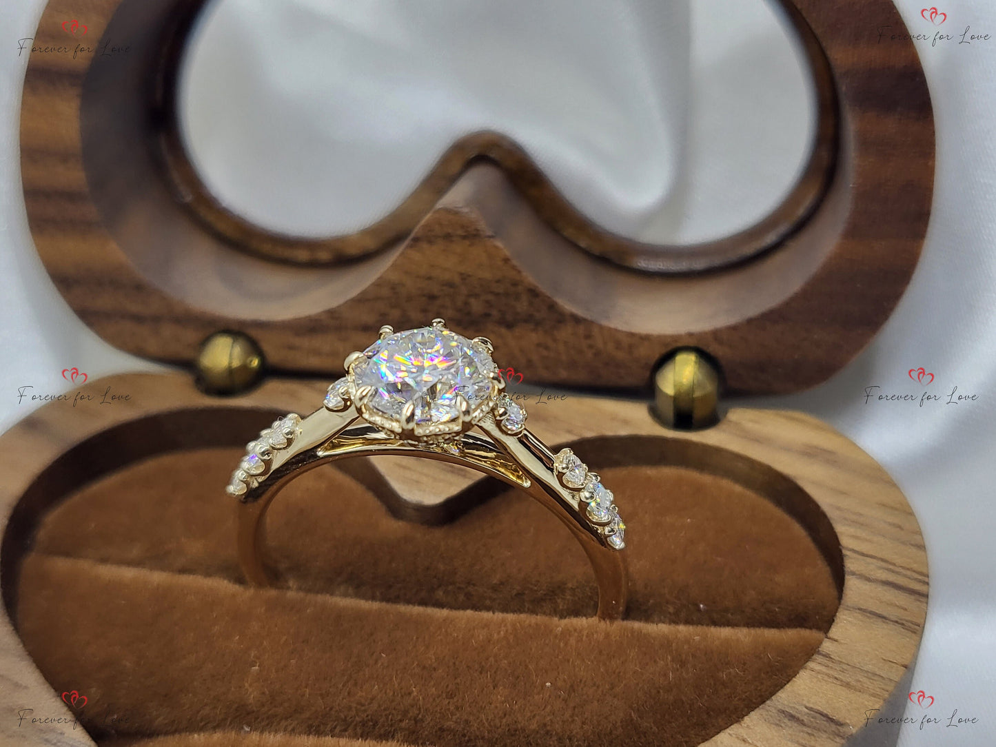 1 Ct Vintage Round Lab Diamond Cluster Ring Round cut Moissanite engagement ring in Gold or Platinum — custom handcrafted by Forever For Love