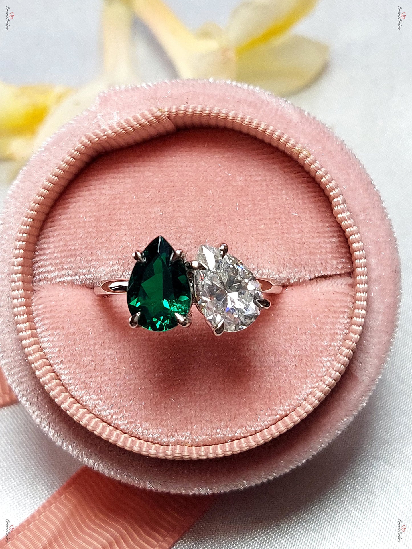 Pear Lab Diamond & Emerald Toi et Moi Ring Pear cut Moissanite engagement ring in Gold or Platinum — custom handcrafted by Forever For Love