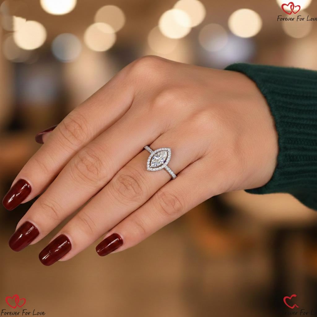 Marquise Lab Diamond Halo Engagement Ring Marquise cut 1Ct Moissanite Brilliant Cut engagement ring in 935 Argentium Silver — custom handcrafted by Forever For Love