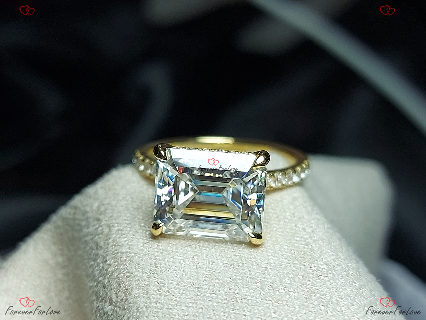4 Ct Emerald Moissanite Halo Solitaire Engagement Ring Emerald cut 1Ct Moissanite Brilliant Cut engagement ring in 935 Argentium Silver — custom handcrafted by Forever For Love