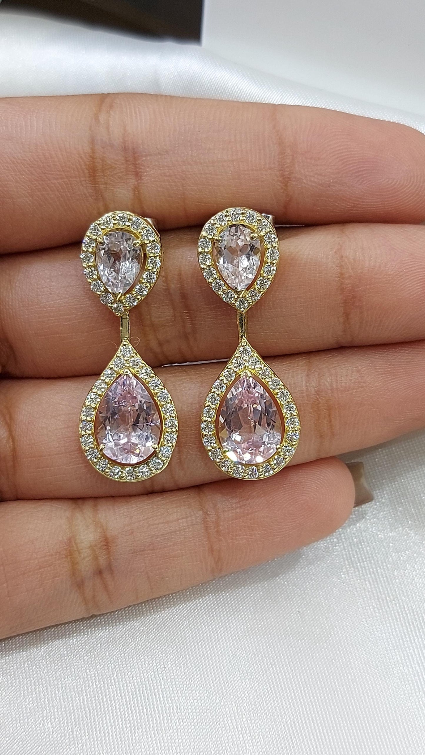 Dangling Pink Pear Sapphire Earrings, Pink Earrings, Pear Halo sapphire  Earrings, Statement Earrings, Gold Earrings ,Minimalist earrings. Moissanite engagement ring in Gold or Platinum — custom handcrafted by Forever For Love