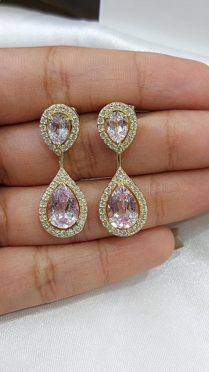 Dangling Pink Pear Sapphire Earrings, Pink Earrings, Pear Halo sapphire  Earrings, Statement Earrings, Gold Earrings ,Minimalist earrings.