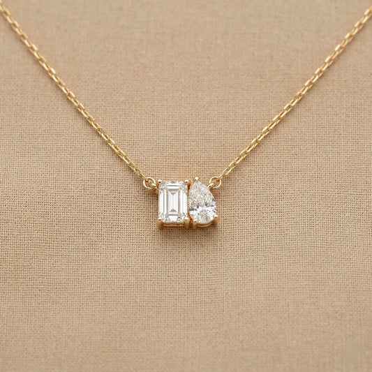 Toi Et Moi Diamond Pendant, Emerald Cut & Pear Cut Necklace, Dainty Gold Minimal Necklace, Lab Diamond Gift for Her