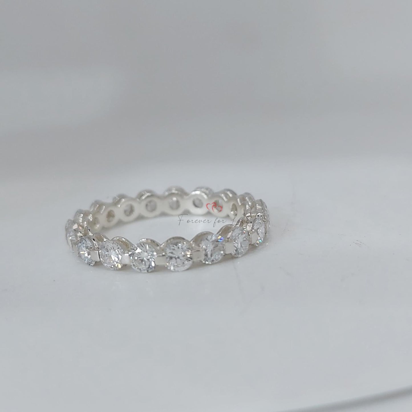 Round 3mm Lab Diamond Full Eternity Band Round cut Moissanite Brilliant Cut engagement ring in 935 Argentium Silver — custom handcrafted by Forever For Love