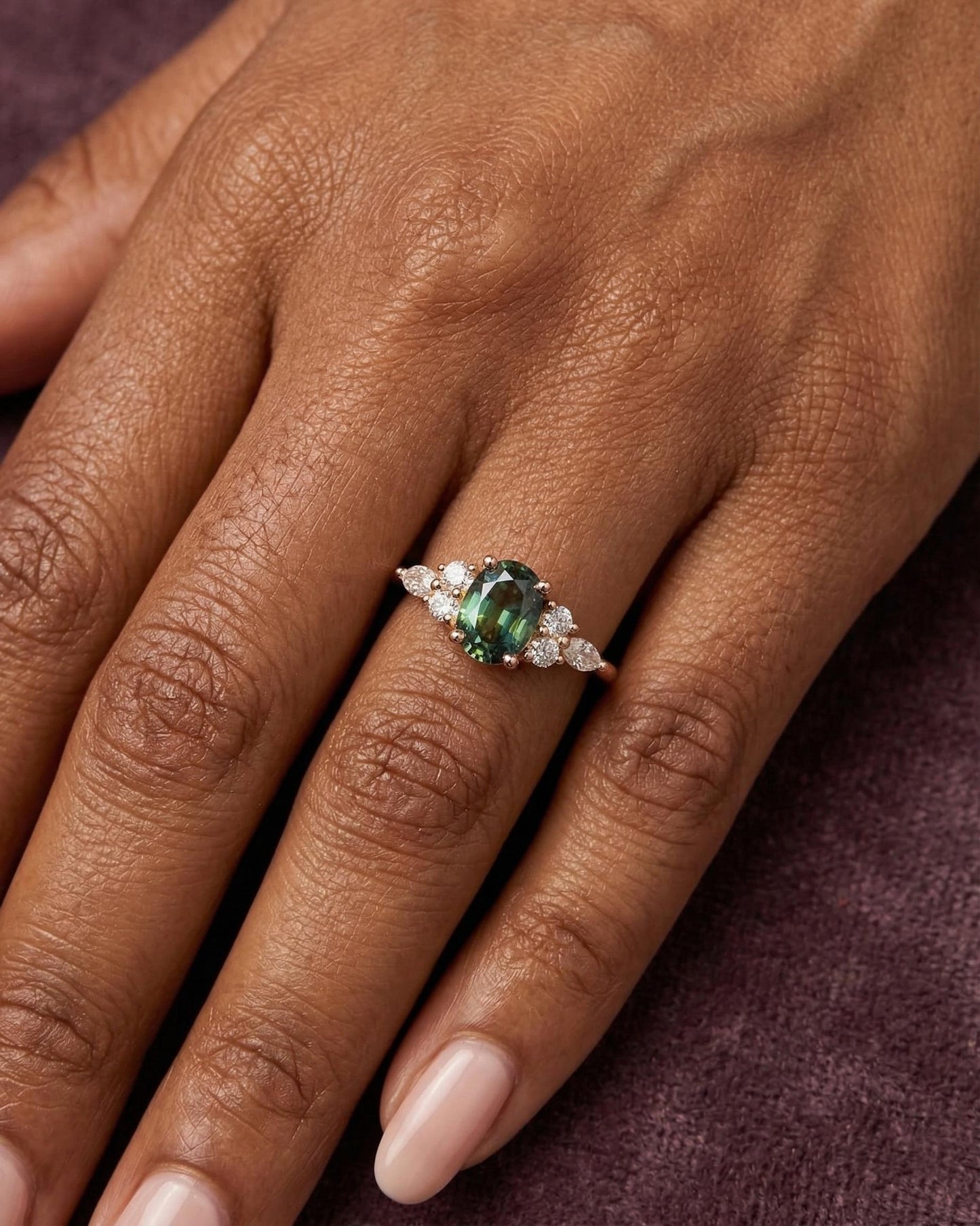 Bague de fiançailles ovale 1,5 carat avec diamant vert et saphir Oval cut Moissanite engagement ring in Gold or Platinum — custom handcrafted by Forever For Love