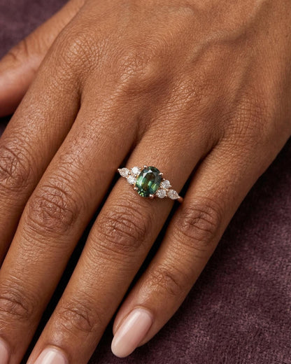 1.5 Ct Oval Green Diamond, Sapphire Engagement Ring