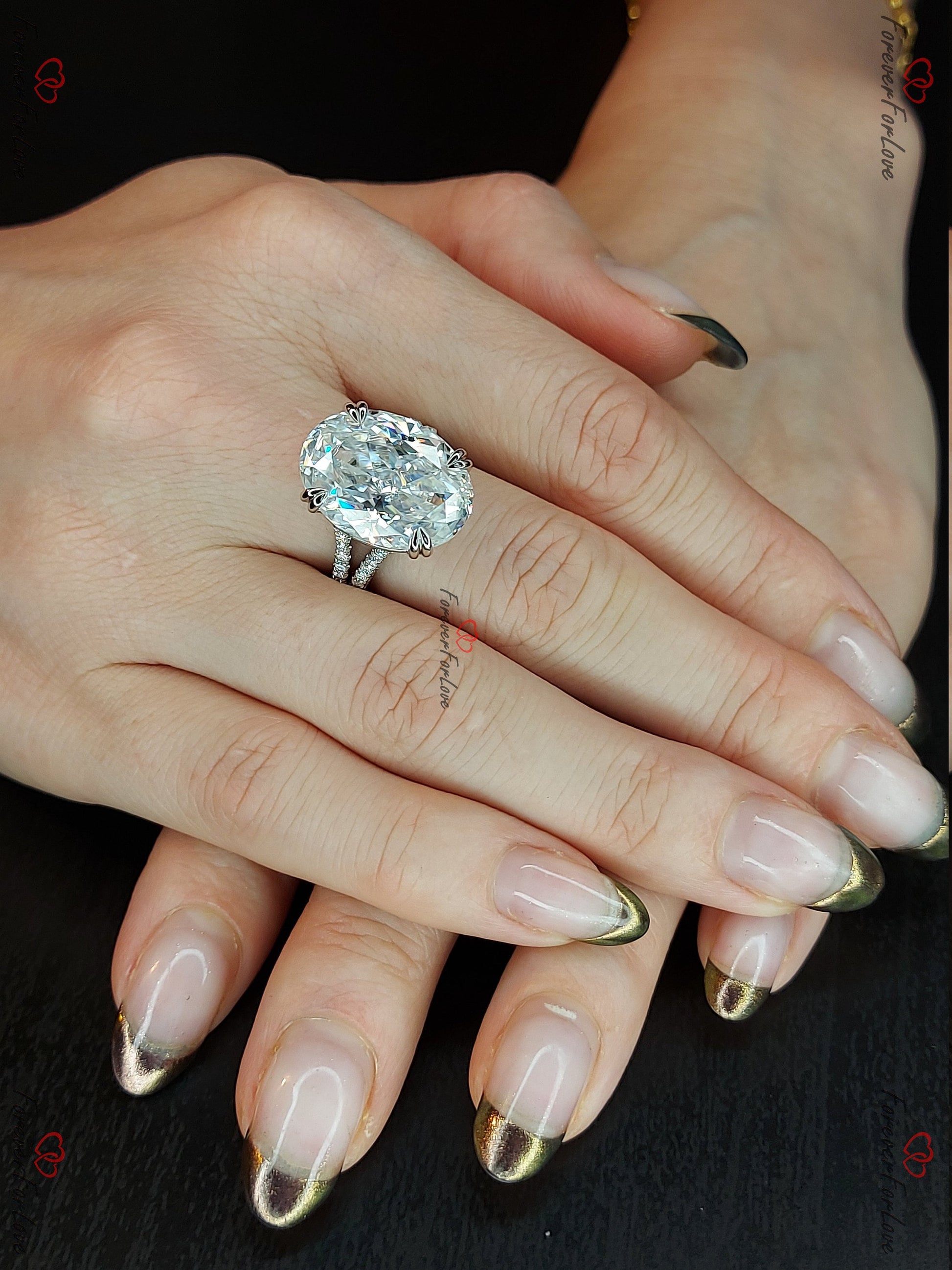 20 Ct Oval Diamond, Moissanite Hidden Halo Engagement Ring
