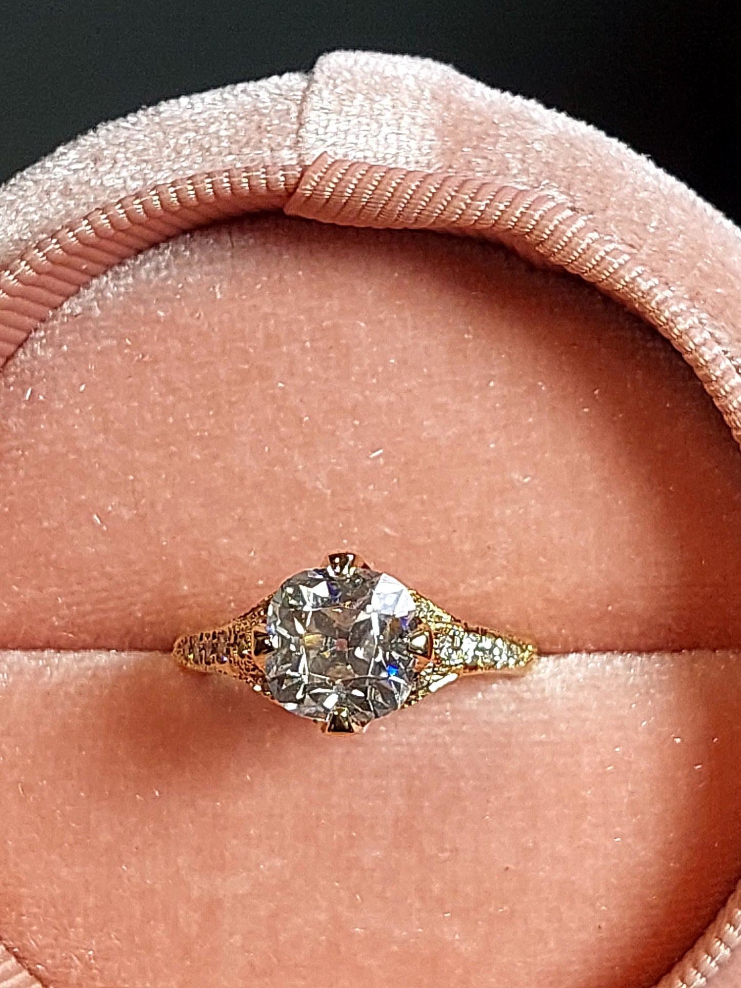 Bague de fiançailles solitaire en moissanite taille coussin ancienne mine Cushion cut 1Ct Moissanite coupe brillante engagement ring in Gold or Platinum — custom handcrafted by Forever For Love