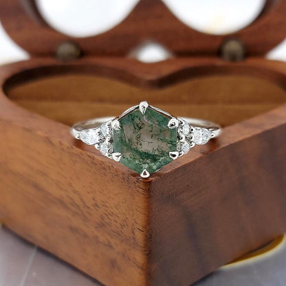Hexagon Lab Diamond, Moss Agate Engagement Ring