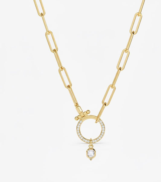 Solid Gold Enhancer Charm Necklace, 14k Gold Paperclip Chain Necklace, With Dangling Charm, Enhancer Pendant, Statement Layering Necklace