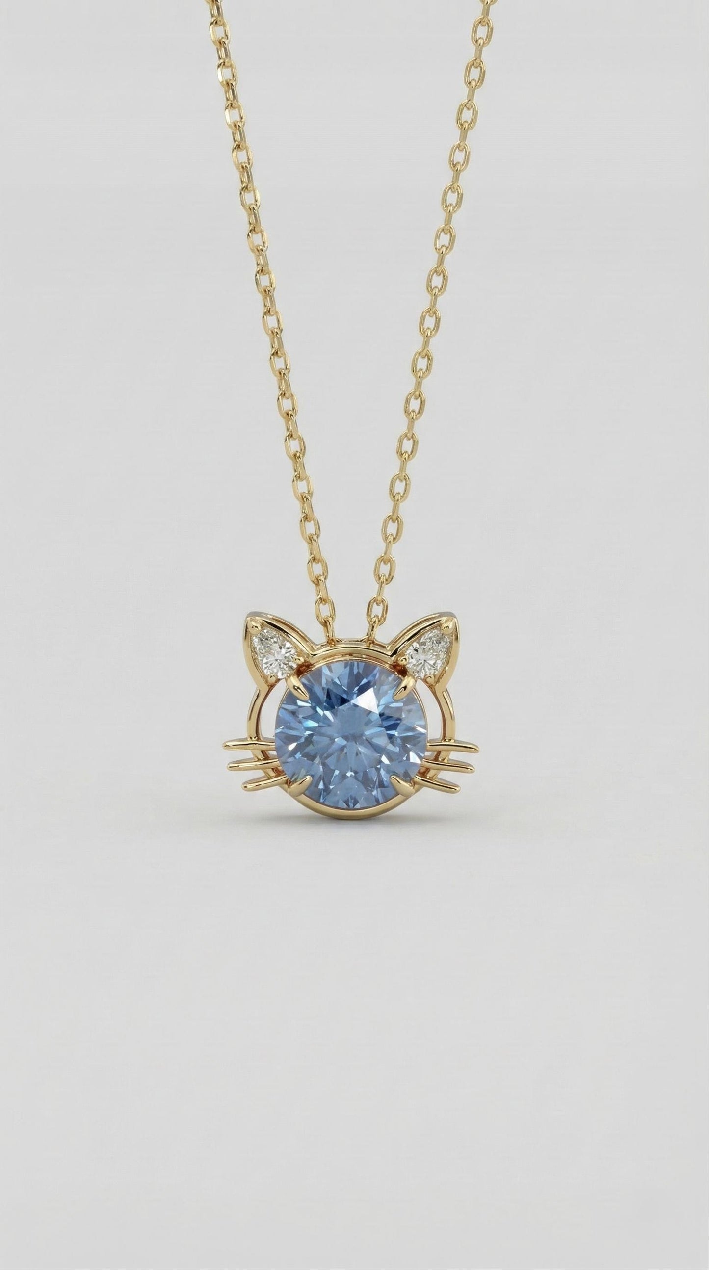 Aquamarin runder und birnenförmiger Diamant-Katzen-Halskette, IGI-zertifiziertes 14k Gelbgold, Labor-Diamant, Katzen-Anhänger, perfektes Geschenk Moissanite engagement ring in Gold or Platinum — custom handcrafted by Forever For Love