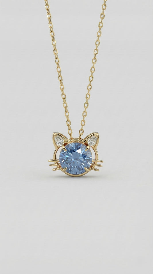 Aquamarine Round and Pear Cut Diamond Cat necklace, IGI Certified 14k Yellow Gold, Lab Grown Diamond, Cat Pendant, Perfect Gift