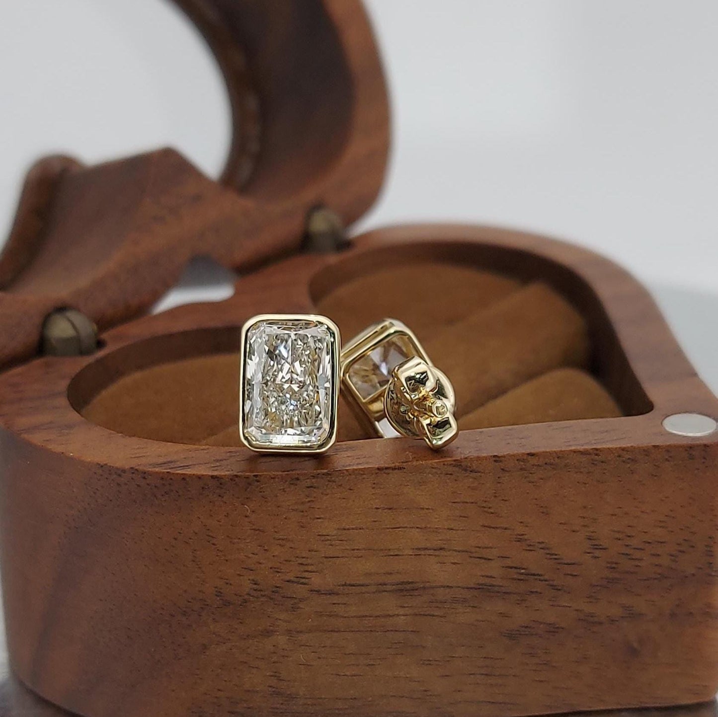 4 Carat Radiant Cut Bezel Setting Lab Grown Diamond Stud Earrings: 14K Yellow Gold, Perfect Gift for Her. 0.5 Carat Moissanite engagement ring in Gold or Platinum — custom handcrafted by Forever For Love