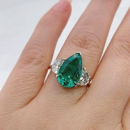 Pear Diamond, Emerald, Moonstone Engagement Ring